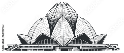 A detailed illustration of the Lotus Temple, an iconic architectural landmark in black and white outline vector style, perfect for travel and tourism graphics
