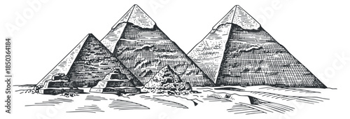 An illustration of the Great Pyramids of Giza in black and white outline vector style, perfect for travel and history-themed designs