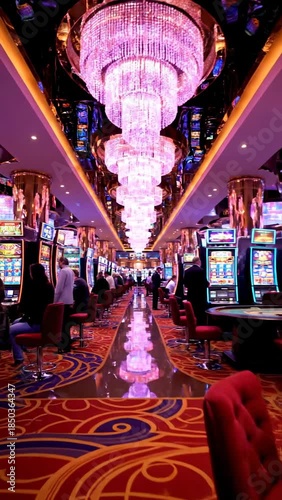 Opulent casino interior, lavish chandeliers, poker tables, and slot machines. People playing and gambling