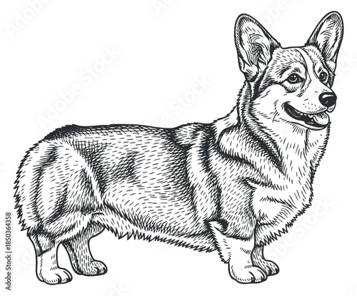 A standing corgi dog illustration in black and white sketch style, perfect for animal-themed designs and pet-related projects