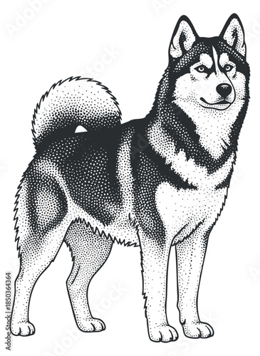 A Siberian husky dog standing proudly in detailed black and white vintage vector style, perfect for pet-related designs