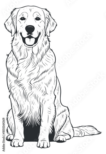 A happy golden retriever dog sitting in black and white outline vector style, perfect for pet-themed designs
