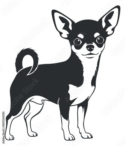 A stylized illustration of a chihuahua dog in black and white vector style, perfect for pet-related designs