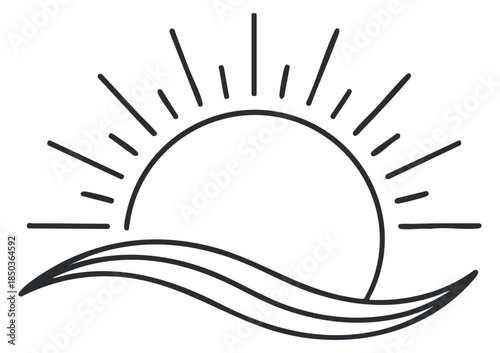 A minimalist outline illustration of a sun rising over waves in a clean vector style, ideal for beach-themed designs
