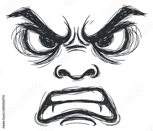 An angry face illustration with intense eyes and a frowning mouth in black and white sketch style, ideal for emotive designs