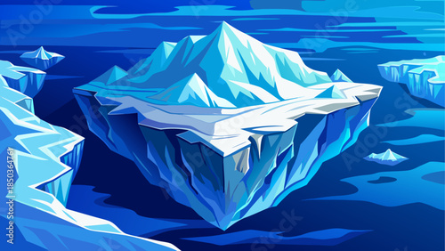 Aerial view of a massive iceberg floating in the deep blue sea, showcasing icy textures, sharp edges, and the stark contrast between white ice and ocean water from above