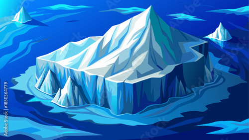 Aerial view of a massive iceberg floating in the deep blue sea, showcasing icy textures, sharp edges, and the stark contrast between white ice and ocean water from above