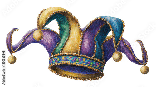 Colorful carnival jester hat festive masquerade costume accessory decorative medieval joker cap traditional celebration symbol isolated on white background