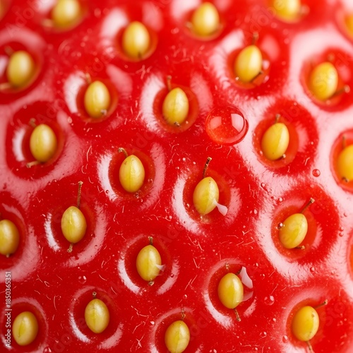 Extreme close-up macro shot of a vibrant red strawberry surface with yellow seeds and tiny water droplets, showcasing its intricate texture.