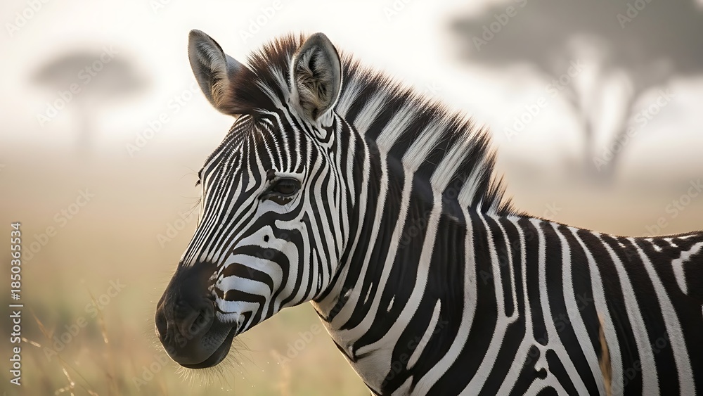 Fototapeta premium Close-up portrait of a majestic zebra with striking black and white stripes in the golden light of an African savanna morning.