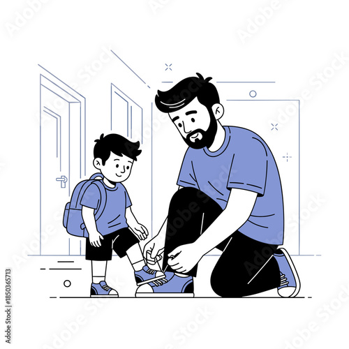 Male adult ties shoes for male child in hallway before school