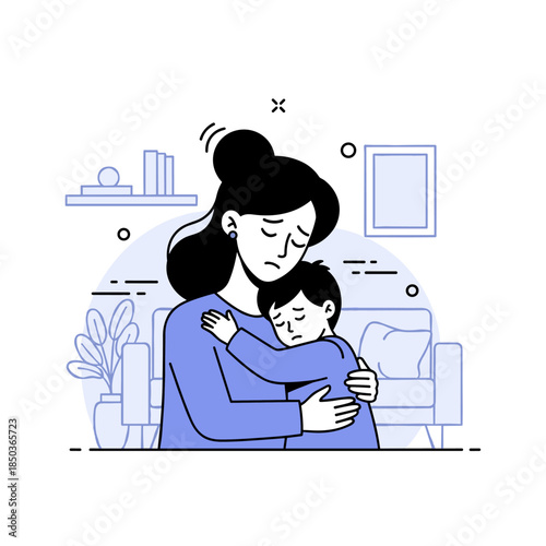 Caucasian female adult comforting child in minimalist living room illustration