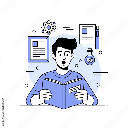 Young caucasian male reading book with scientific elements around