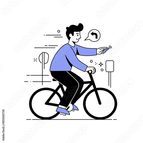 Young male riding bicycle wearing blue shirt gesture direction illustration