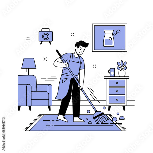 Young caucasian male sweeping living room with broom in minimalist decor