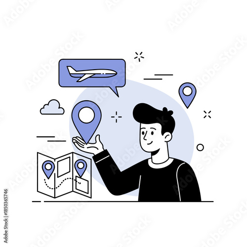 Young caucasian male exploring travel destinations with map and airplane concept