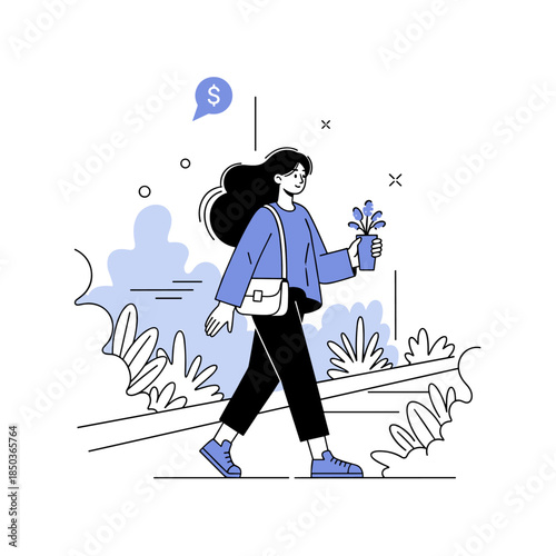 Young woman walking with flowers in blue outfit and messenger bag