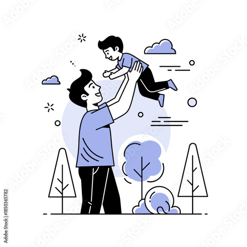 Young caucasian father and child playing outdoors in minimalist style