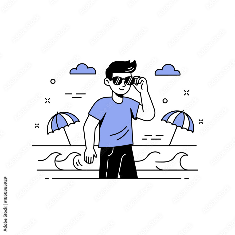 Obraz premium Stylized beach scene with male character in sunglasses and blue sky