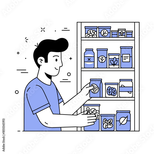 Young caucasian male selecting jars of organic ingredients from shelf