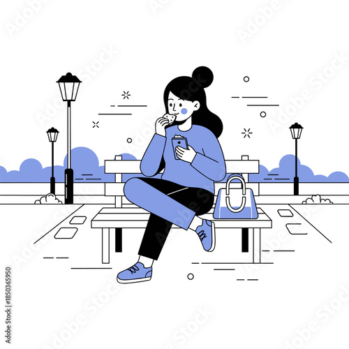 Young asian female relaxing on park bench with smartphone and snack on a calm day