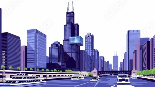 A graphic illustration showcasing a modern city skyline with multiple boats navigating a central river