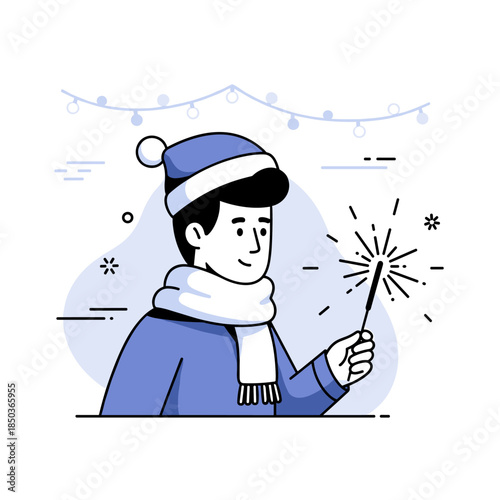 Young caucasian male holding sparkler in winter attire under festive lights