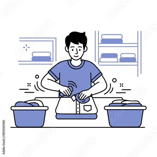 Young caucasian male doing laundry in a laundry room setting