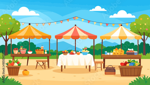 Colorful outdoor market scene with vibrant tents and fresh produce.