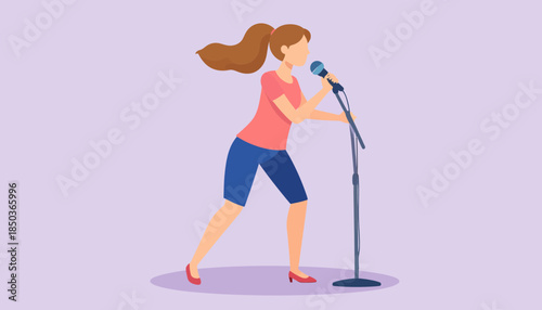 Woman singing into a microphone on a stand with passion and energy.