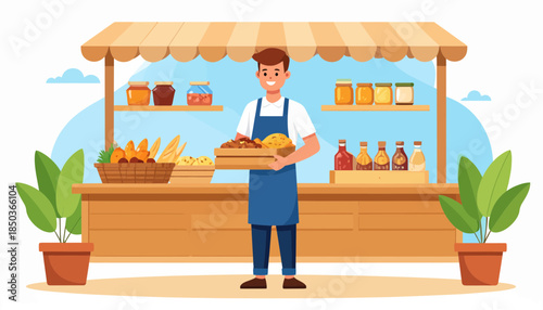 Cartoon street food vendor holding a tray of pastries at a wooden stall.