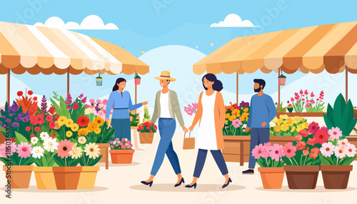 Couple walking hand in hand through a vibrant flower market.