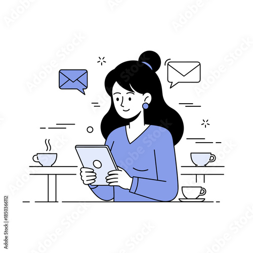 Asian female in coffee shop reading tablet surrounded by message icons