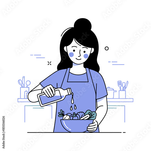 Young female preparing salad in kitchen with fresh vegetables