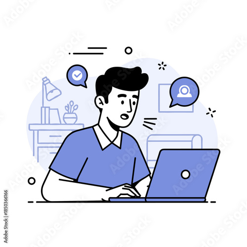 Young caucasian male working on laptop in modern home office setting