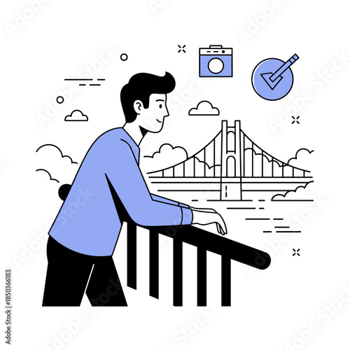 Young caucasian male admiring cityscape from bridge viewpoint