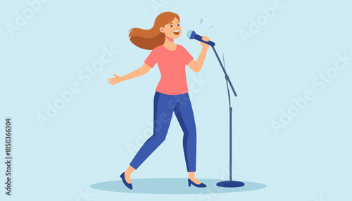 Woman singing into a microphone with energetic dance movement.