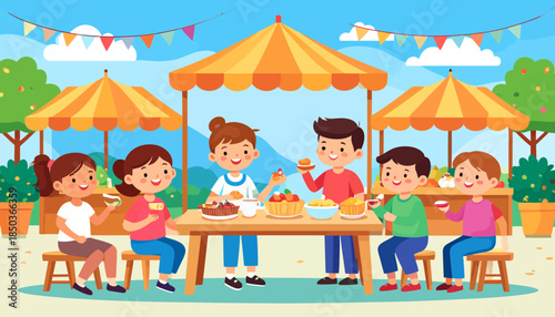 Children enjoying a meal together at an outdoor market stall.