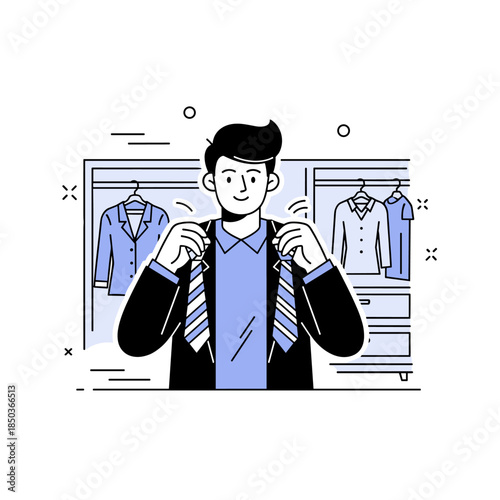 Young caucasian male choosing ties in stylish wardrobe setting