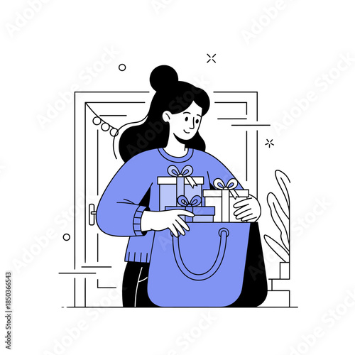 Young caucasian female holding gift bag with presents in cozy home setting