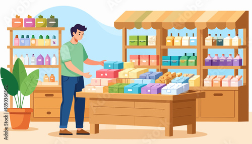 Man shopping at a grocery store with various products on display.