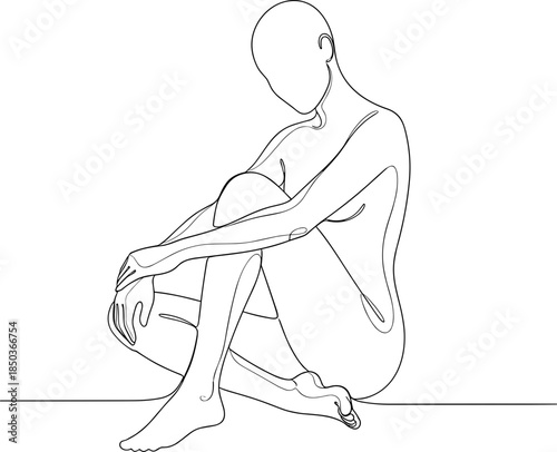 Line art of a seated figure in a thoughtful pose on a minimalist white background