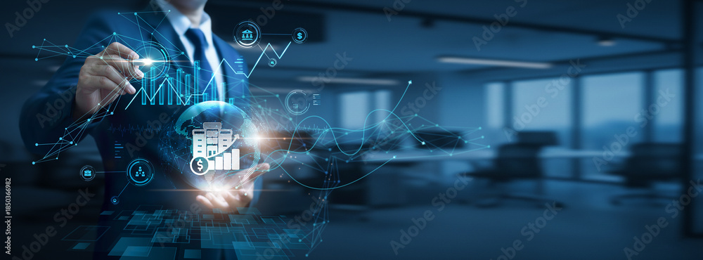 Fototapeta premium Businessman hand hold global Corporate Finance network and data, investment analysis, capital management, financial strategy planning, corporate funding systems
