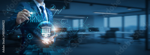 Businessman hand hold global Corporate Banking network and data, financial services infrastructure, enterprise transactions, digital banking systems, global finance