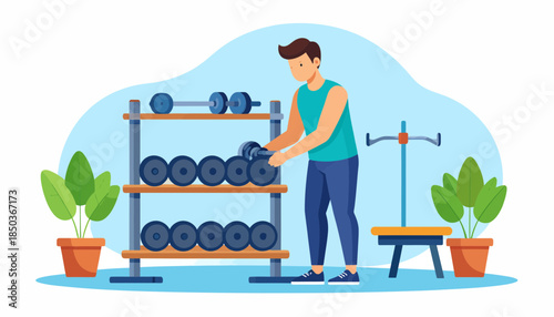 Man organizing dumbbells on a weight rack in a modern gym. Fitness, workout, and healthy lifestyle concept vector illustration.