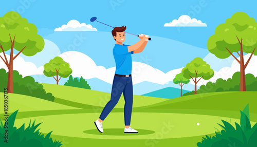 Male golfer taking a powerful swing on a vibrant green golf course under a sunny sky. Flat vector illustration.