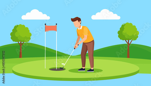 Man playing golf on a green course with flag.