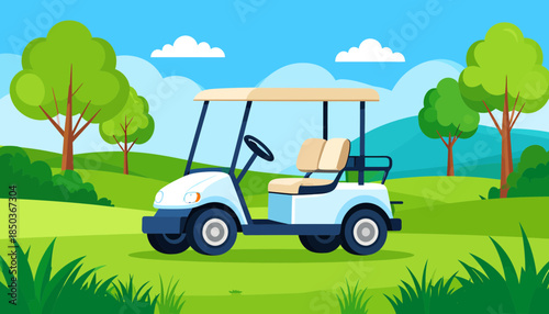 Golf cart on a green golf course with trees and blue sky.