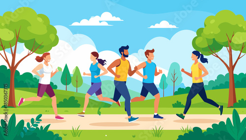 Group of people jogging together in a park on a sunny day.