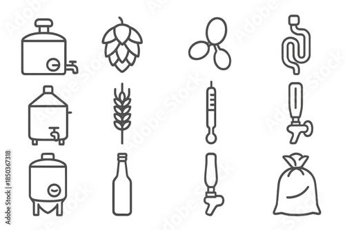 Ale Brewing Icons. Line style icons of Ale Brewing: Mash Tun, Hops, Yeast Strain, Fermentation Lock; Brewing Kettle, Barley,